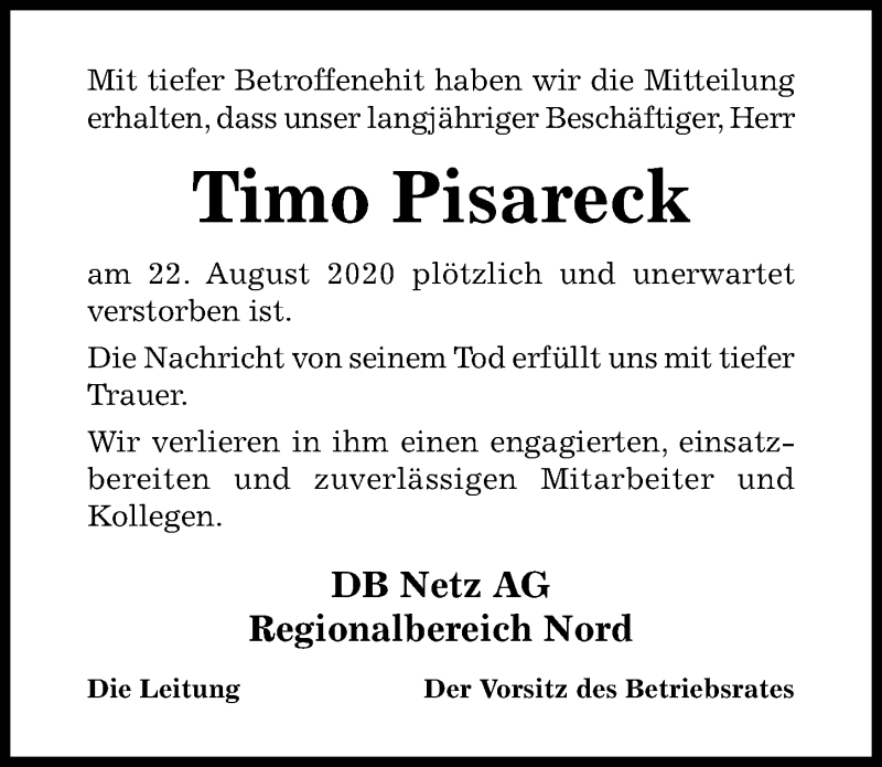  Traueranzeige für Timo Pisareck vom 02.09.2020 aus Hildesheimer Allgemeine Zeitung