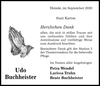 Traueranzeige von Udo Buchheister von Hildesheimer Allgemeine Zeitung