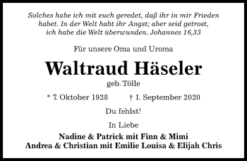 Traueranzeige von Waltraud Häseler von Hildesheimer Allgemeine Zeitung