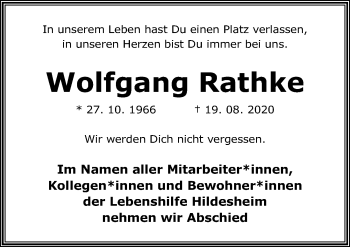 Traueranzeige von Wolfgang Rathke von Hildesheimer Allgemeine Zeitung