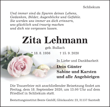 Traueranzeige von Zita Lehmann von Hildesheimer Allgemeine Zeitung