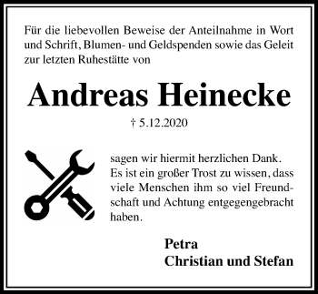 Traueranzeige von Andreas Heinecke von Hildesheimer Allgemeine Zeitung