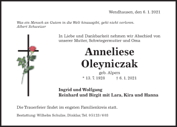 Traueranzeige von Anneliese Oleyniczak von Hildesheimer Allgemeine Zeitung