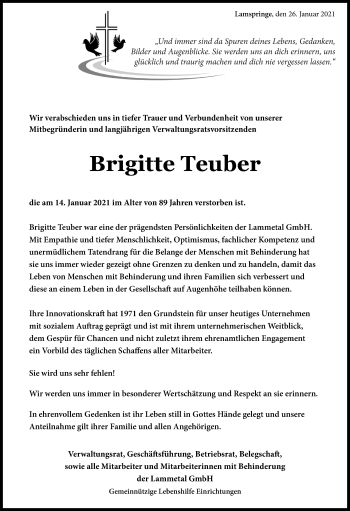 Traueranzeige von Brigitte Teuber von Hildesheimer Allgemeine Zeitung