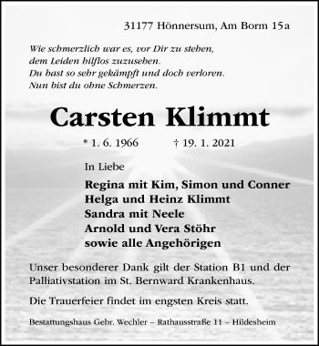 Traueranzeige von Carsten Klimmt von Hildesheimer Allgemeine Zeitung