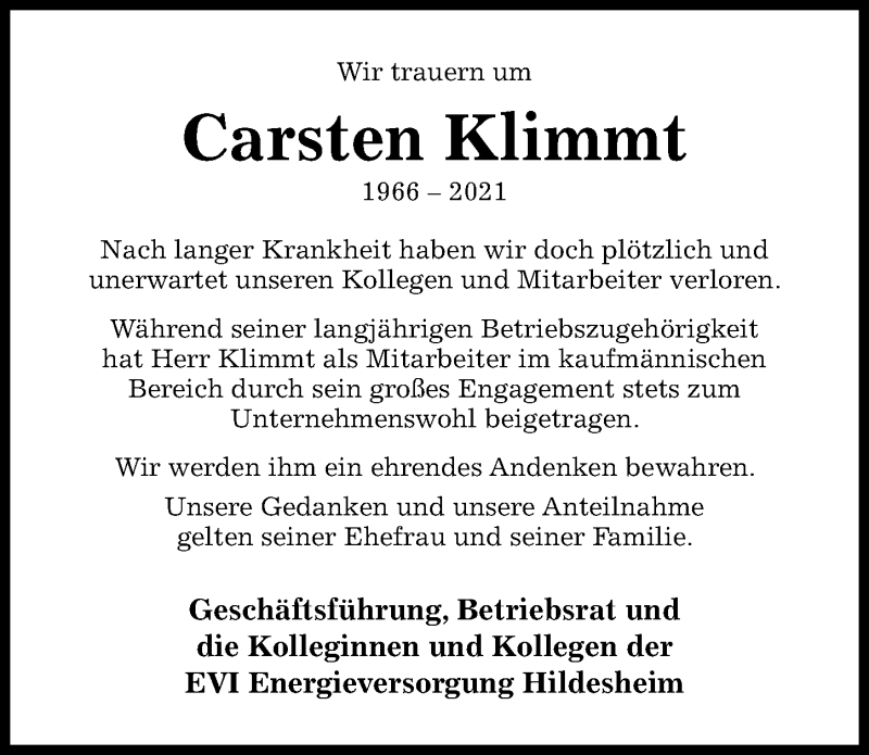  Traueranzeige für Carsten Klimmt vom 23.01.2021 aus Hildesheimer Allgemeine Zeitung