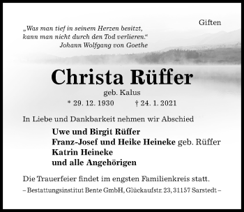 Traueranzeige von Christa Rüffer von Hildesheimer Allgemeine Zeitung