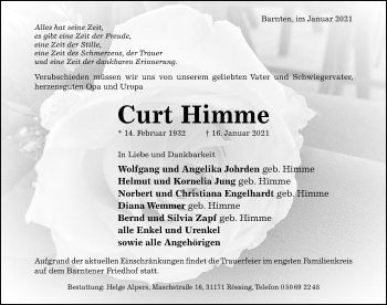 Traueranzeige von Curt Himme von Hildesheimer Allgemeine Zeitung