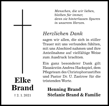 Traueranzeige von Elke Brand von Hildesheimer Allgemeine Zeitung