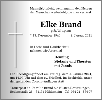 Traueranzeige von Elke Brand von Hildesheimer Allgemeine Zeitung