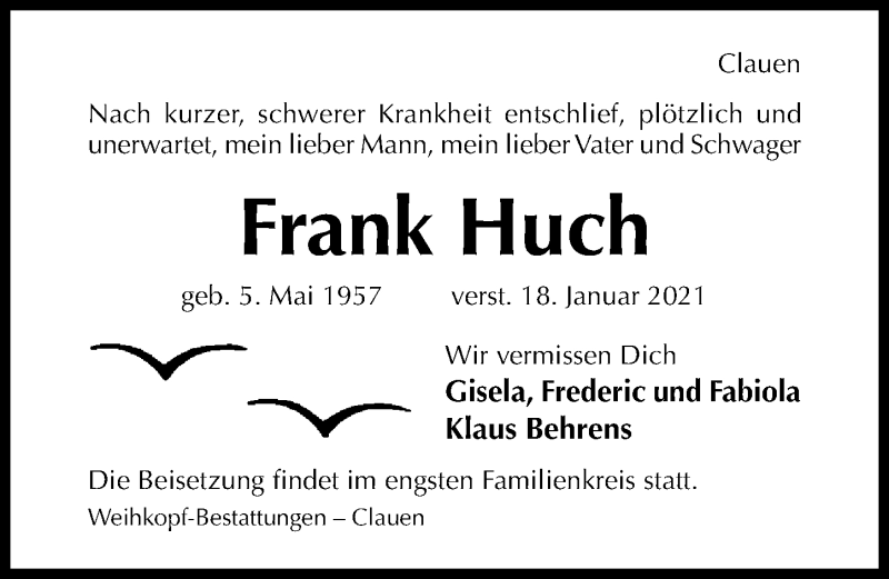  Traueranzeige für Frank Huch vom 20.01.2021 aus Hildesheimer Allgemeine Zeitung