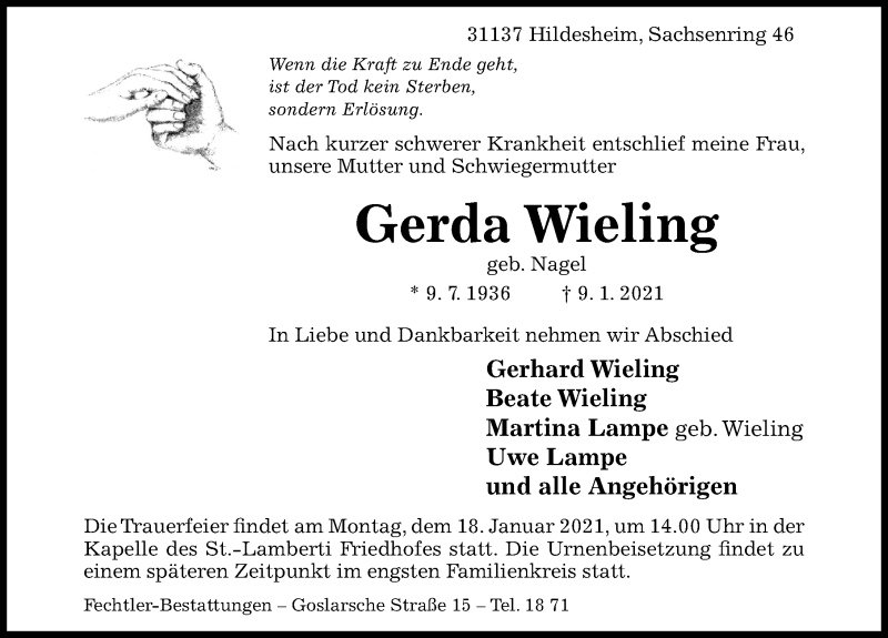  Traueranzeige für Gerda Wieling vom 13.01.2021 aus Hildesheimer Allgemeine Zeitung