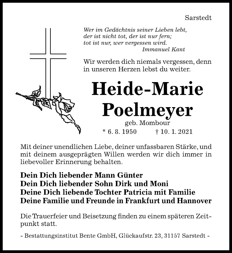  Traueranzeige für Heide-Marie Poelmeyer vom 13.01.2021 aus Hildesheimer Allgemeine Zeitung