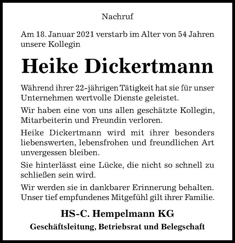  Traueranzeige für Heike Dickertmann vom 21.01.2021 aus Hildesheimer Allgemeine Zeitung