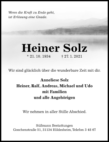 Traueranzeige von Heiner Solz von Hildesheimer Allgemeine Zeitung
