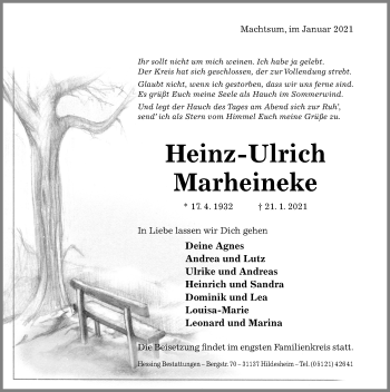 Traueranzeige von Heinz-Ulrich Marheineke von Hildesheimer Allgemeine Zeitung