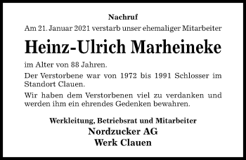 Traueranzeige von Heinz-Ulrich Marheineke von Hildesheimer Allgemeine Zeitung