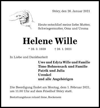 Traueranzeige von Helene Wille von Hildesheimer Allgemeine Zeitung