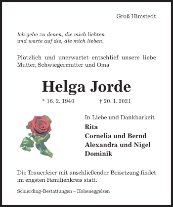 Traueranzeige von Helga Jorde von Hildesheimer Allgemeine Zeitung