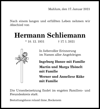 Traueranzeige von Hermann Schliemann von Hildesheimer Allgemeine Zeitung