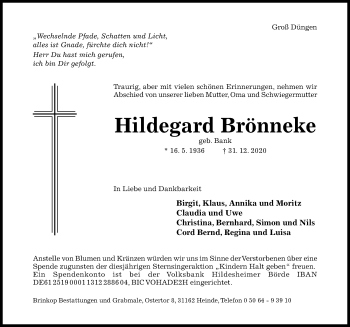 Traueranzeige von Hildegard Brönneke von Hildesheimer Allgemeine Zeitung