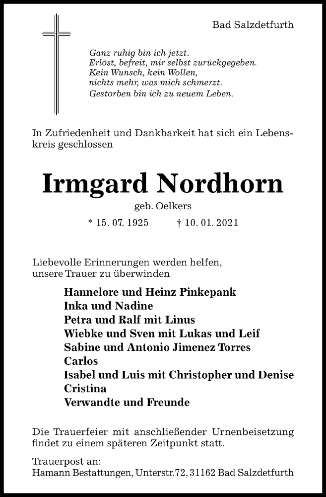  Traueranzeige für Irmgard Nordhorn vom 13.01.2021 aus Hildesheimer Allgemeine Zeitung