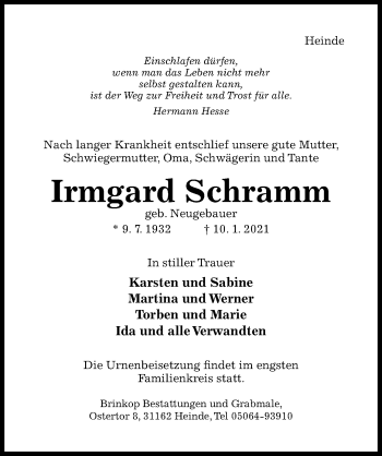 Traueranzeige von Irmgard Schramm von Hildesheimer Allgemeine Zeitung