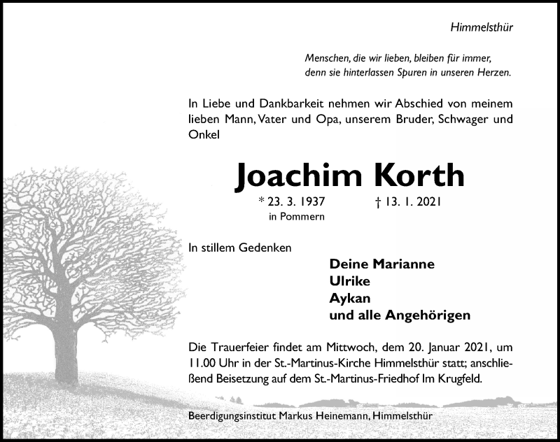  Traueranzeige für Joachim Korth vom 16.01.2021 aus Hildesheimer Allgemeine Zeitung