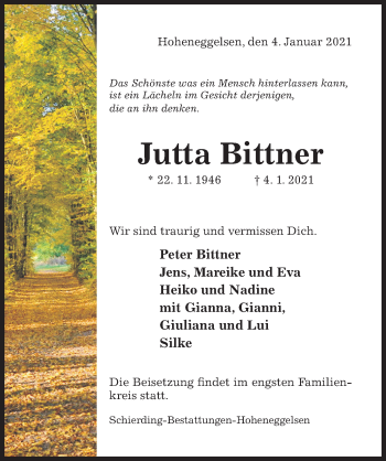 Traueranzeige von Jutta Bittner von Hildesheimer Allgemeine Zeitung