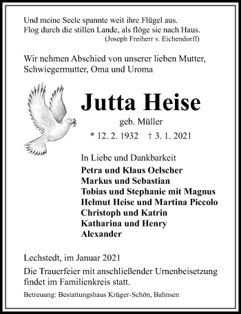 Traueranzeige von Jutta Heise von Hildesheimer Allgemeine Zeitung