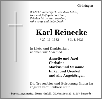 Traueranzeige von Karl Reinecke von Hildesheimer Allgemeine Zeitung