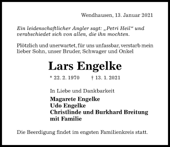 Traueranzeige von Lars Engelke von Hildesheimer Allgemeine Zeitung