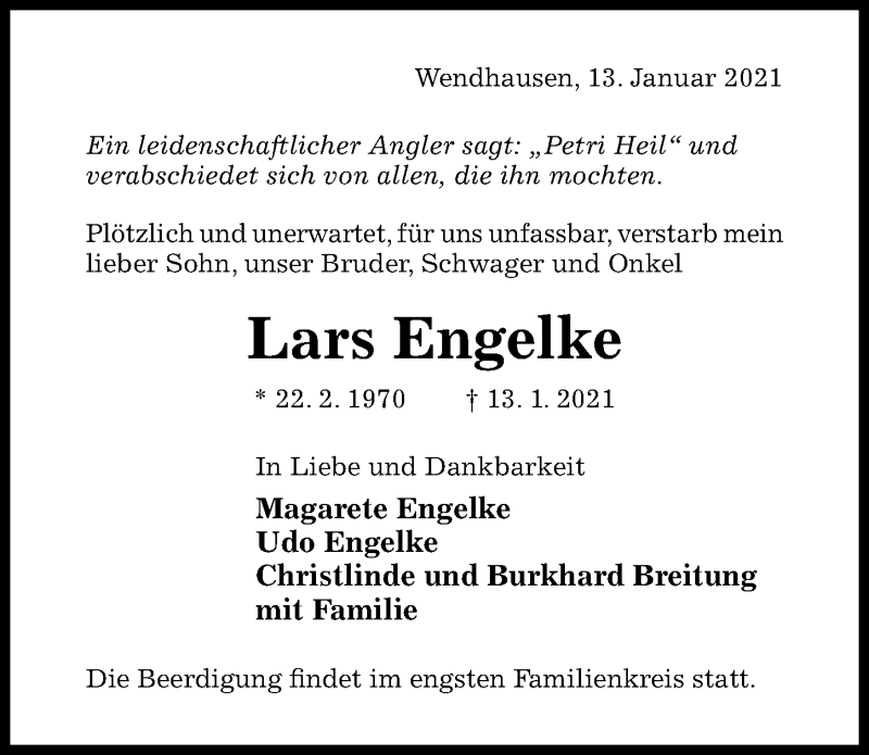  Traueranzeige für Lars Engelke vom 16.01.2021 aus Hildesheimer Allgemeine Zeitung