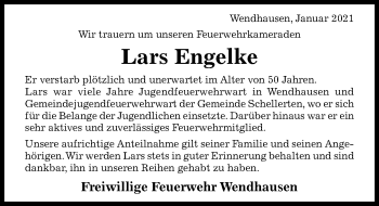 Traueranzeige von Lars Engelke von Hildesheimer Allgemeine Zeitung