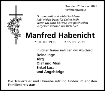 Traueranzeige von Manfred Habenicht von Hildesheimer Allgemeine Zeitung