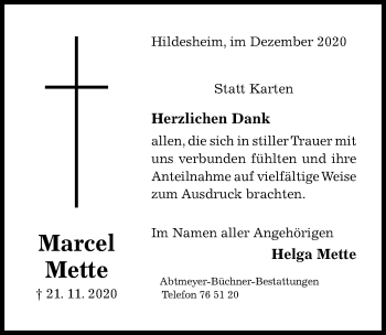 Traueranzeige von Marcel Mette von Hildesheimer Allgemeine Zeitung