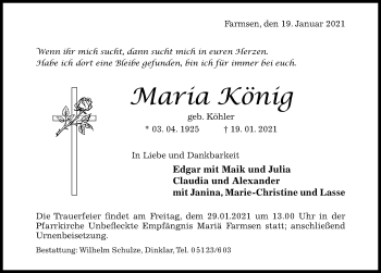 Traueranzeige von Maria König von Hildesheimer Allgemeine Zeitung