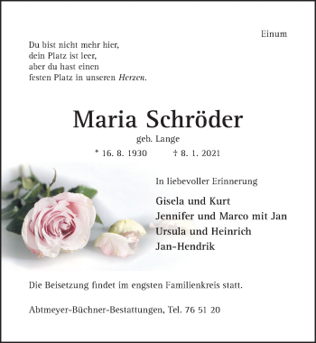 Traueranzeige von Maria Schröder von Hildesheimer Allgemeine Zeitung