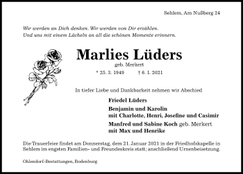 Traueranzeige von Marlies Lüders von Hildesheimer Allgemeine Zeitung