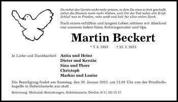 Traueranzeige von Martin Beckert von Hildesheimer Allgemeine Zeitung