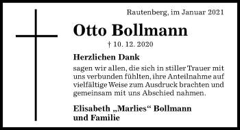 Traueranzeige von Otto Bollmann von Hildesheimer Allgemeine Zeitung