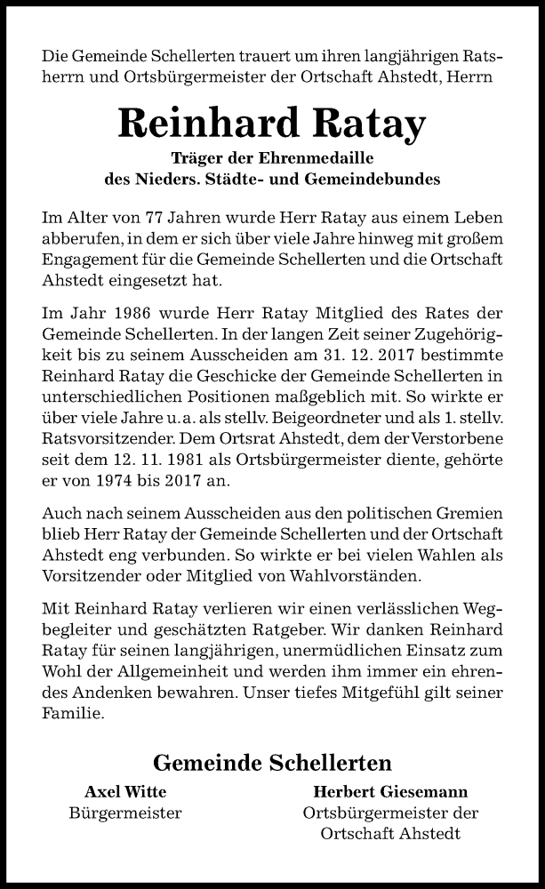  Traueranzeige für Reinhard Ratay vom 19.01.2021 aus Hildesheimer Allgemeine Zeitung