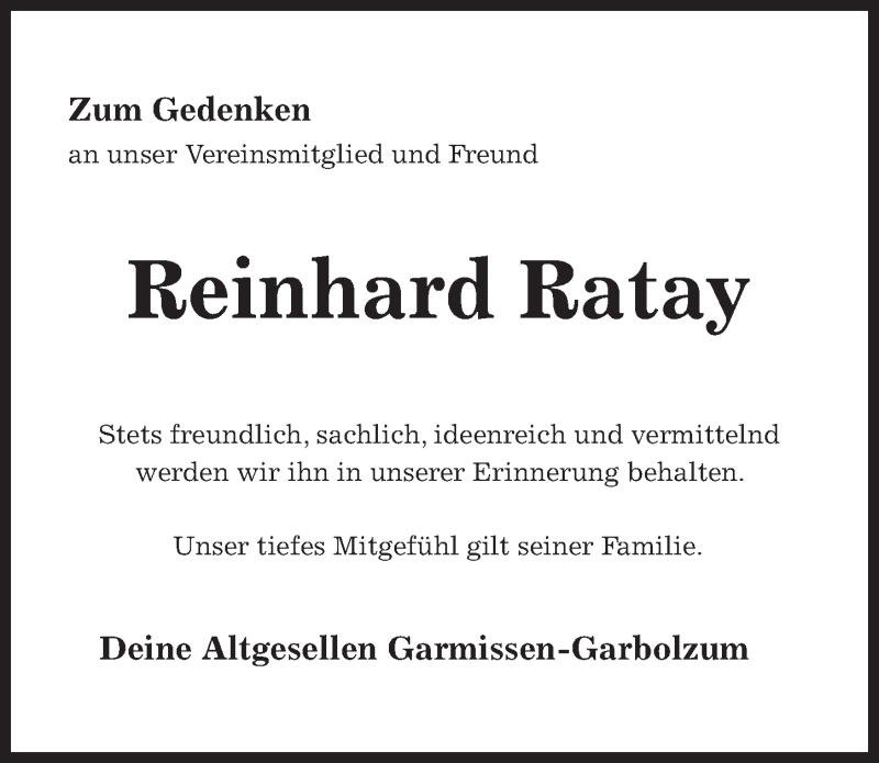  Traueranzeige für Reinhard Ratay vom 19.01.2021 aus Hildesheimer Allgemeine Zeitung