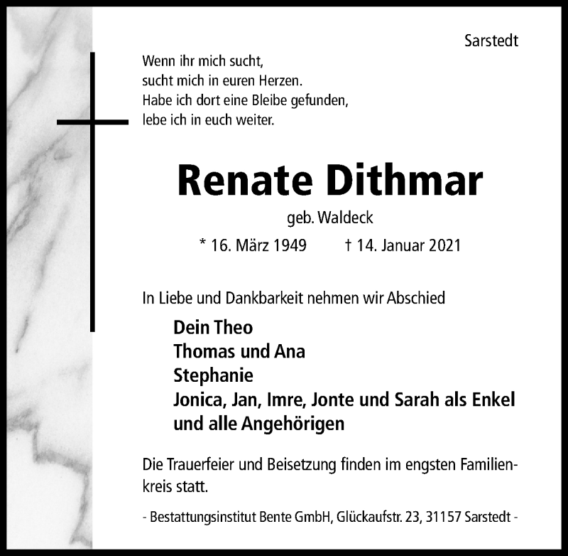  Traueranzeige für Renate Dithmar vom 16.01.2021 aus Hildesheimer Allgemeine Zeitung