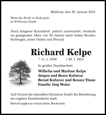 Traueranzeige von Richard Kelpe von Hildesheimer Allgemeine Zeitung
