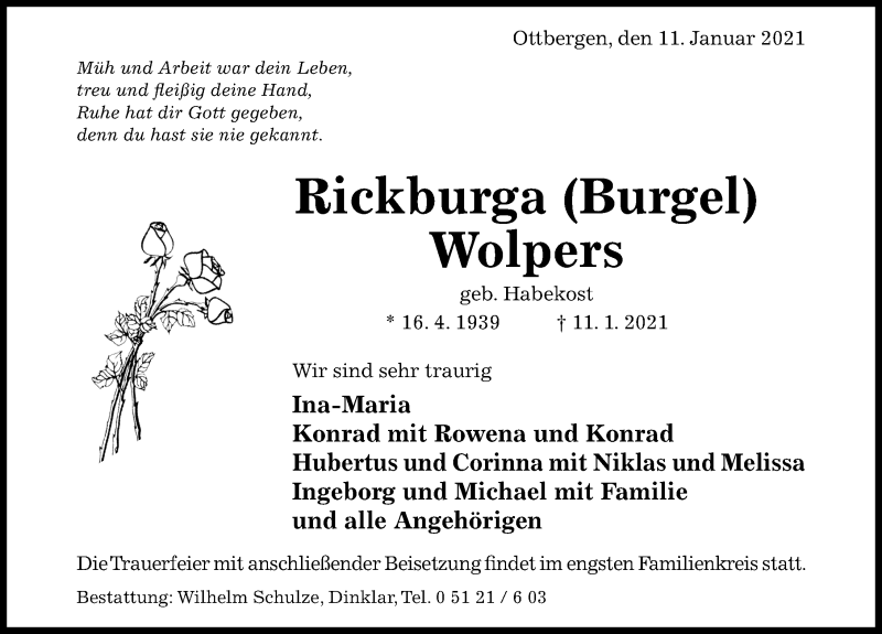  Traueranzeige für Rickburga Wolpers vom 13.01.2021 aus Hildesheimer Allgemeine Zeitung