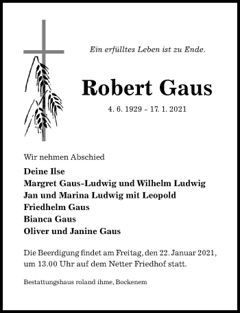 Traueranzeige von Robert Gaus von Hildesheimer Allgemeine Zeitung