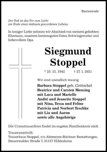 Traueranzeige von Siegmund Stoppel von Hildesheimer Allgemeine Zeitung