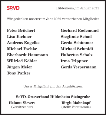 Traueranzeige von SoVD-Ortsverband Hildesheim Steingrube gedenkt von Hildesheimer Allgemeine Zeitung