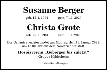 Traueranzeige von Susanne Berger von Hildesheimer Allgemeine Zeitung